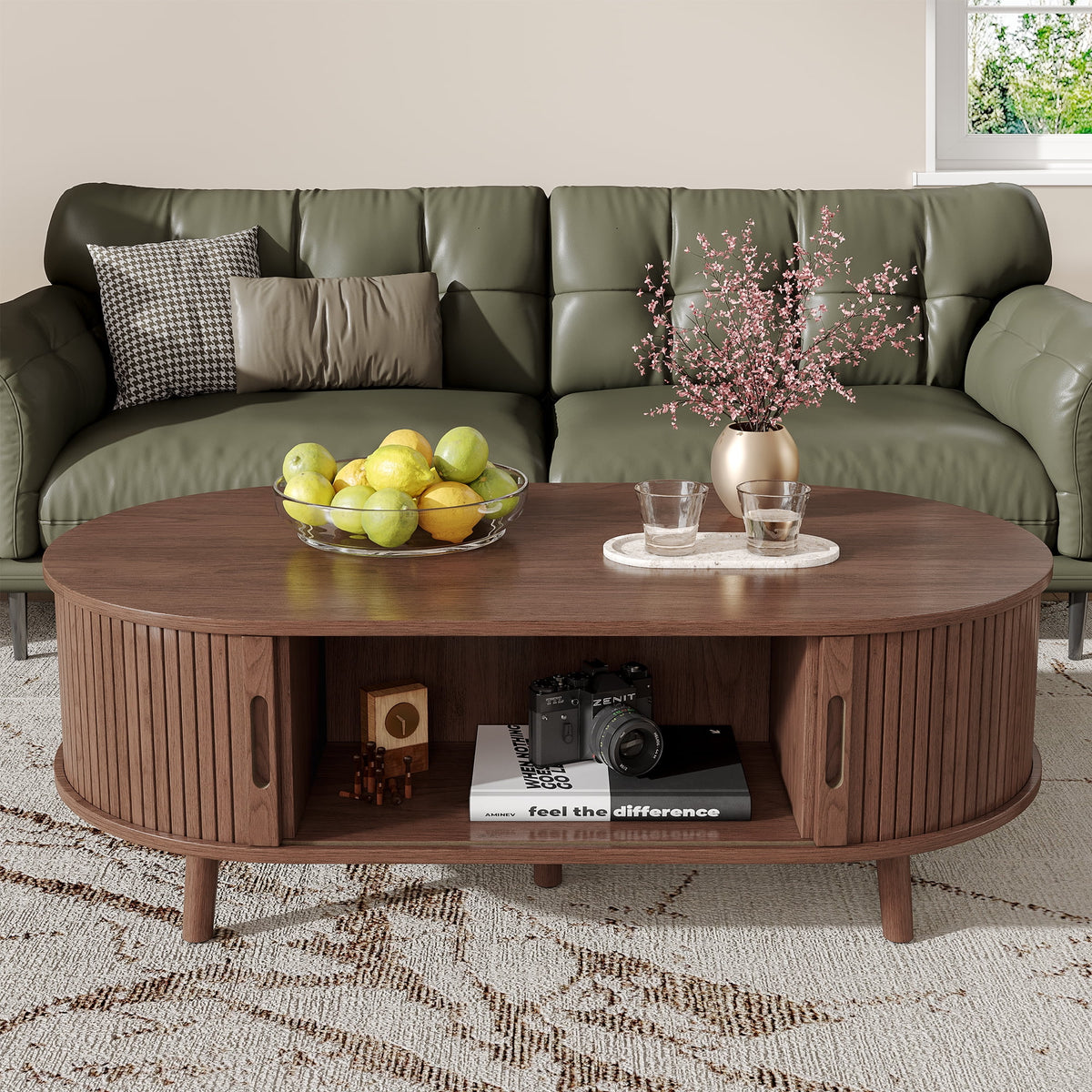 Oval Coffee Table, 42.5" Drum Coffee Table with Sliding Tambour Door, Fluted Accent Center Table with Storage, Mid Century Modern Coffee Table for Living Room, Center Table Walnut