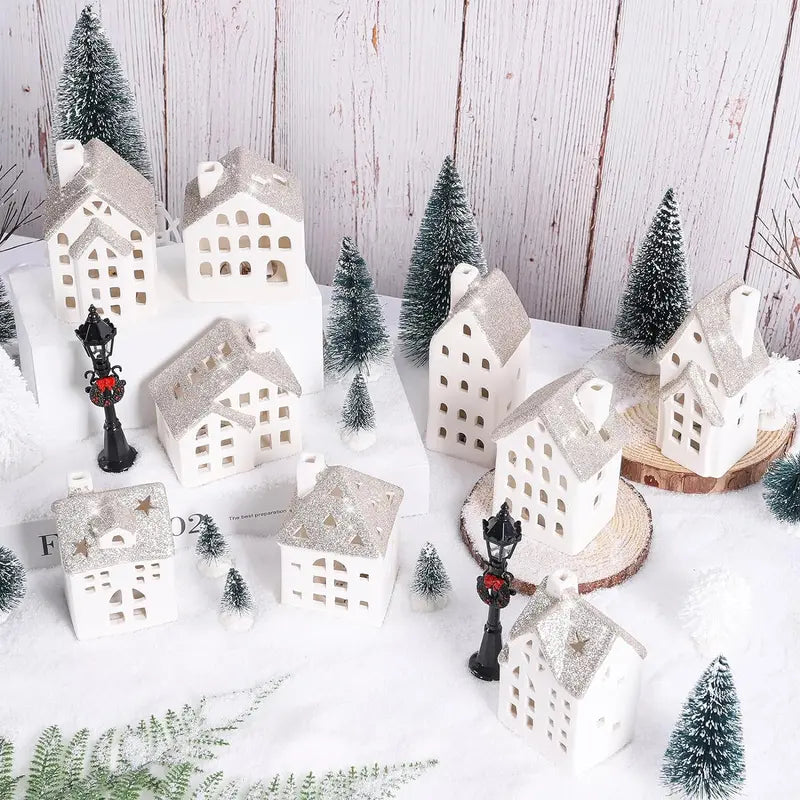 Spdmhyo 29-Piece Ceramic Christmas Village Set with LED Lights, Porcelain Houses, Trees & Lamps â€?White