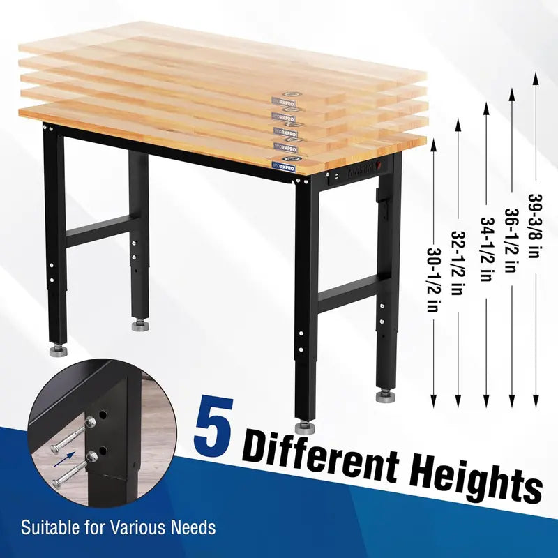WORKPRO 48â€?x 22â€?Heavy-Duty Adjustable Workbench â€?1500-LB Load, Hardwood Surface