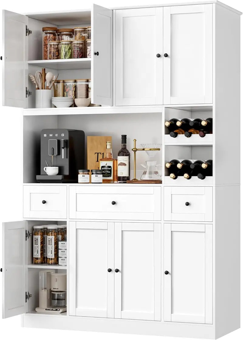 White 72-Inch Tall Kitchen Pantry â€?Integrated Wine Rack & Microwave Stand with Ample Storage