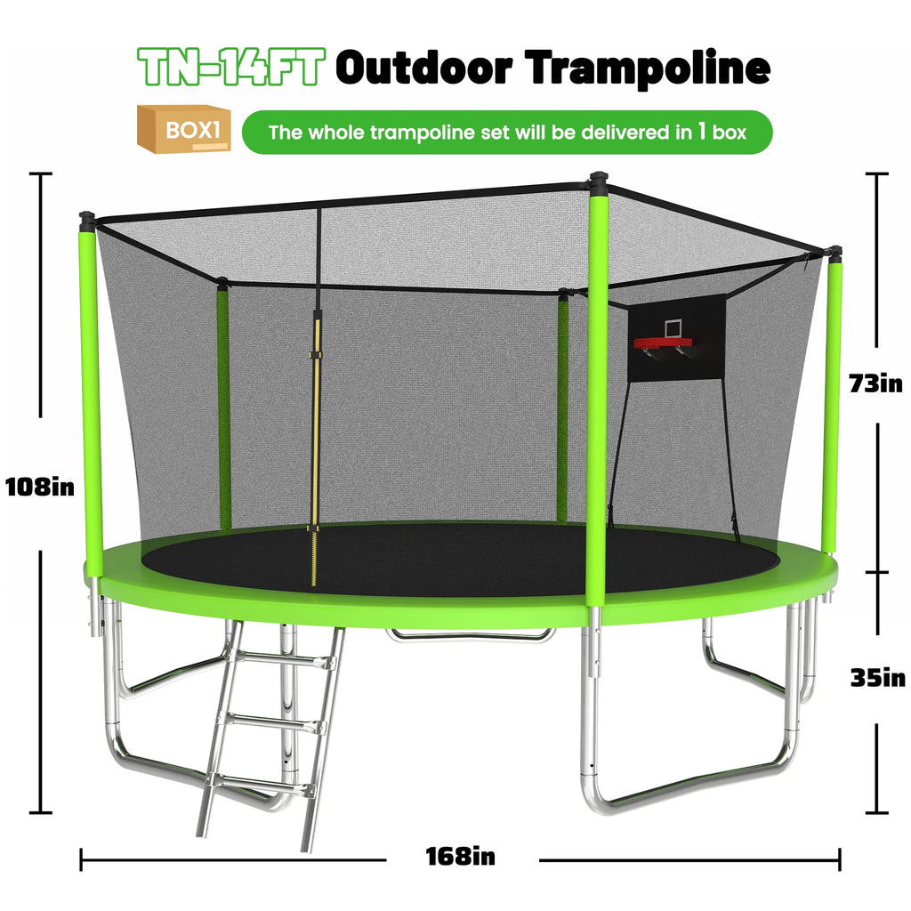 14ft Trampoline with Basketball Hoop, Outdoor Trampoline with with Enclosure Net, Blue
