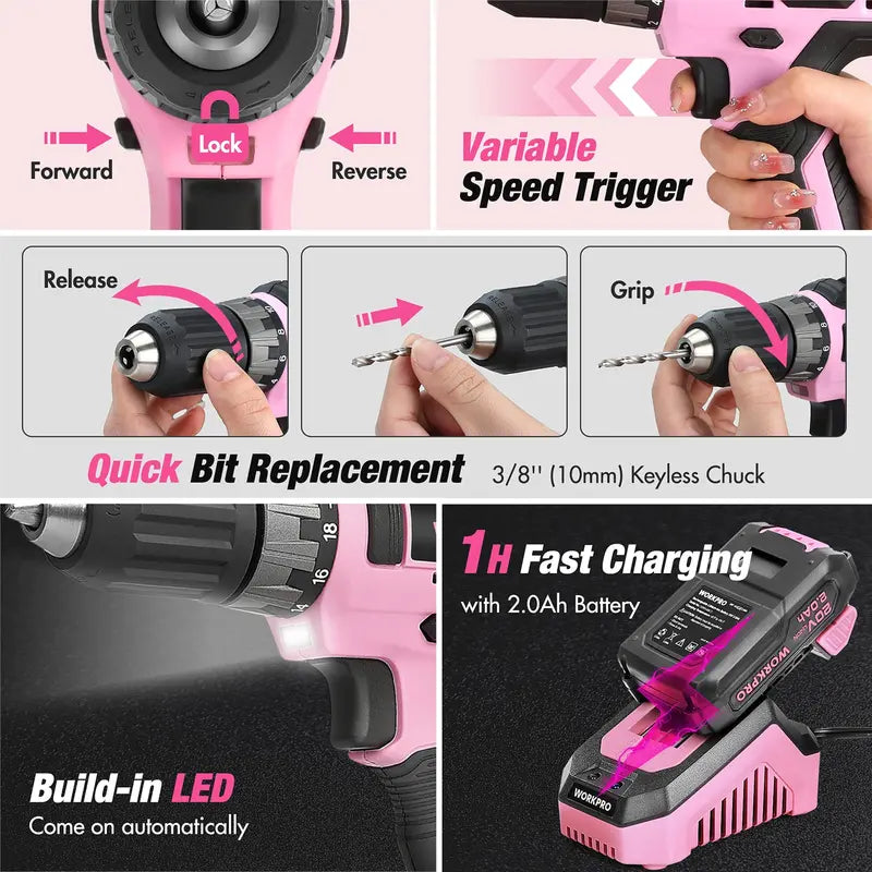 WORKPRO 157-Piece Household Tool Kit with 20V Cordless Drill Driver â€?Pink Ribbon Edition