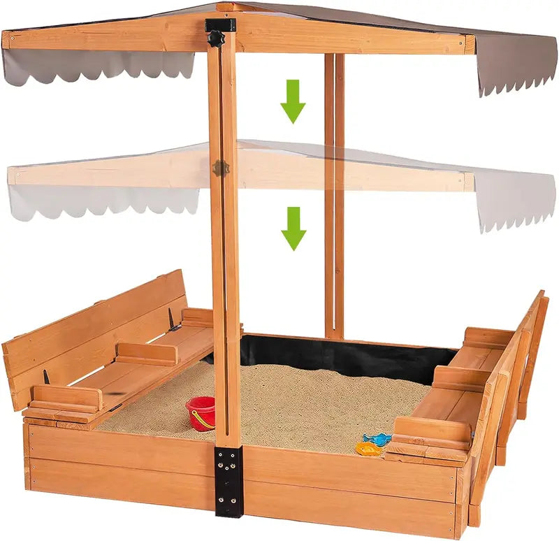 Wooden Outdoor Sandbox with Retractable Canopy â€?47â€?x 47â€?Sandpit Featuring Two Foldable Benches & Protective Liner