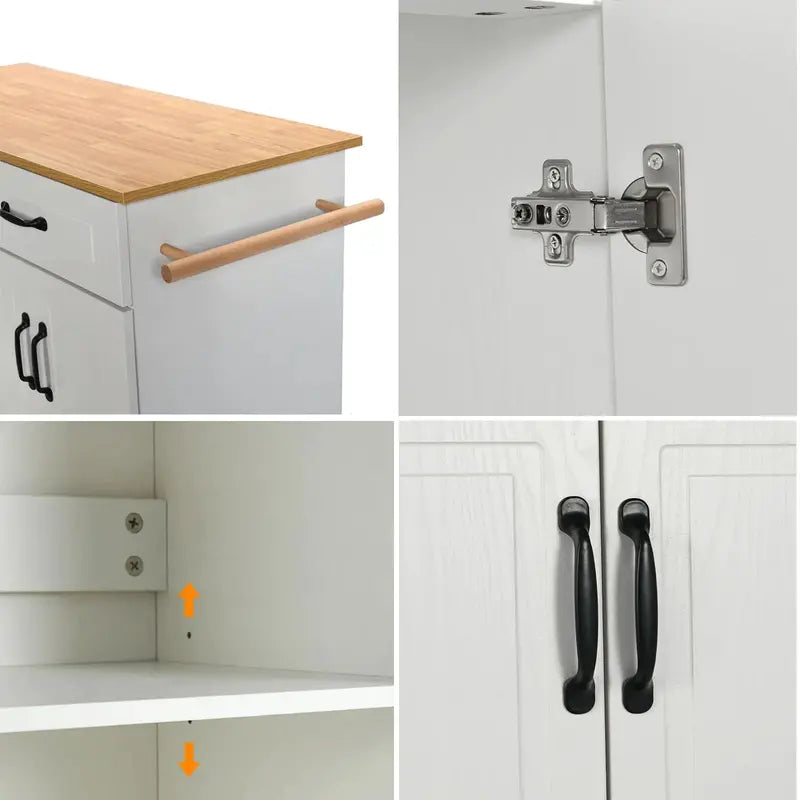 White Rolling Kitchen Island Cart with Storage â€?Wooden Countertop, 2 Drawers, 4 Cabinets, Towel Racks & Adjustable Shelves