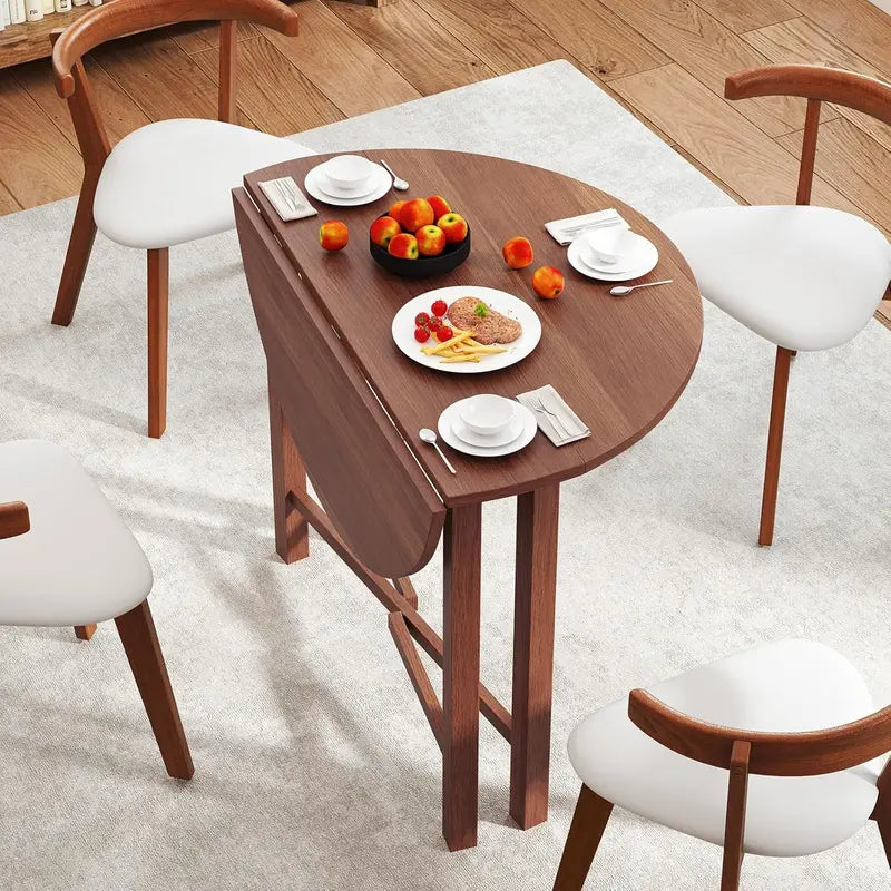 Walnut Round Drop-Leaf Dining Table â€?Extendable Farmhouse Table for 2â€?, Solid Wood Legs