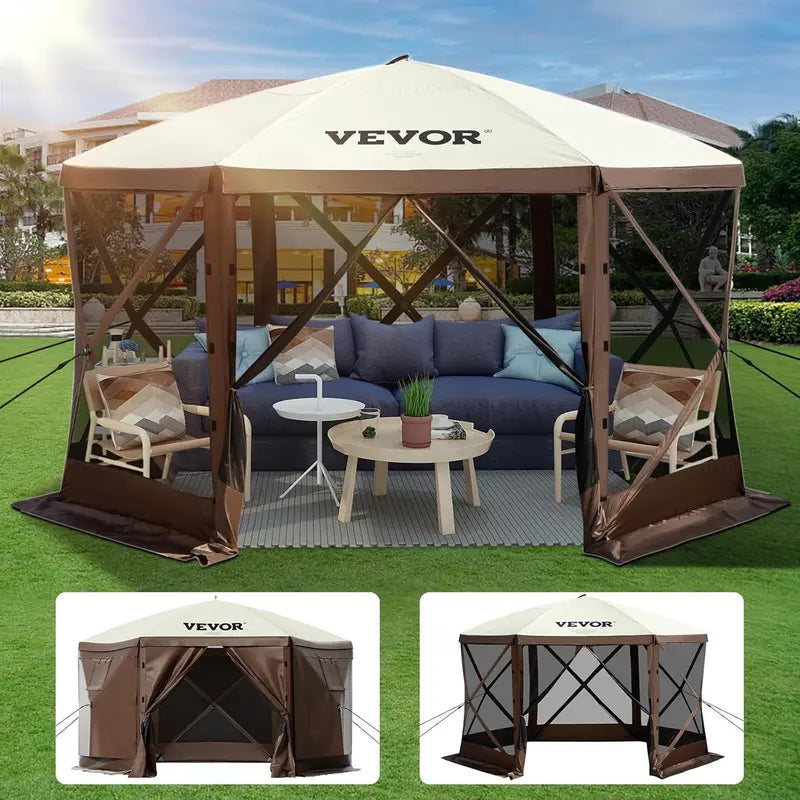 VEVOR 12×12 ft Hexagonal Pop-Up Canopy Shelter with Ventilated Mesh Windows and Compact Carry Bag