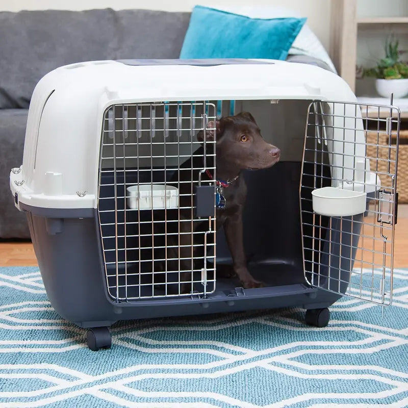 SportPet Designs Rolling Travel Dog Crate â€?Airline-Approved Plastic Kennel with Wire Door, XXX-Large Size, Gray