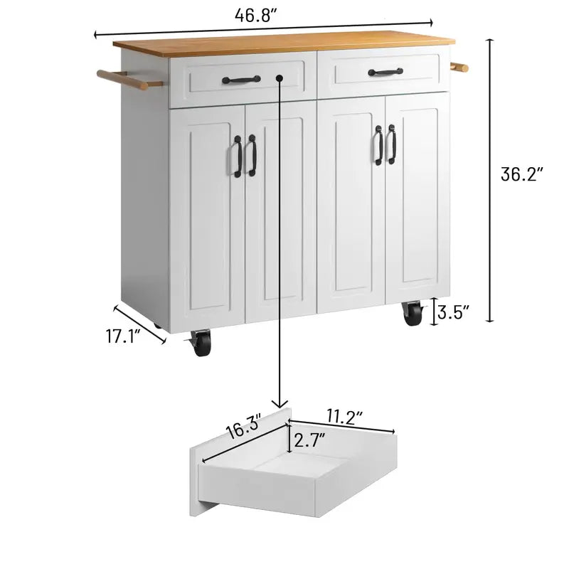 White Rolling Kitchen Island Cart with Storage â€?Wooden Countertop, 2 Drawers, 4 Cabinets, Towel Racks & Adjustable Shelves