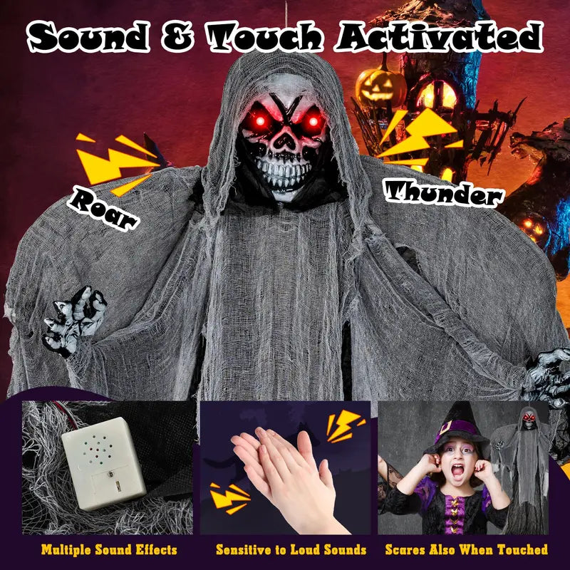 Spooky Hanging Halloween Skeleton Ghost (12.1 Ft) with Animated Red Eyes & Sound Effects