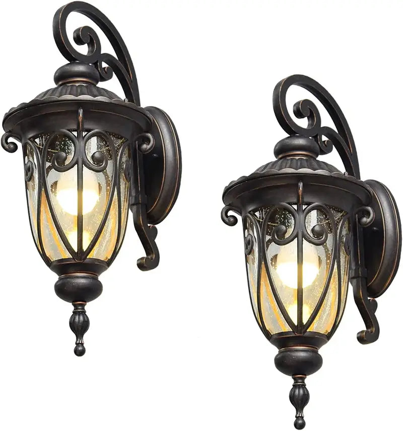 Vintage-Style 23â€?Outdoor Wall Sconces (2-Pack) â€?Aluminum Bronze-Finish Lanterns with Clear Seeded Glass Shades for Porches & Garages