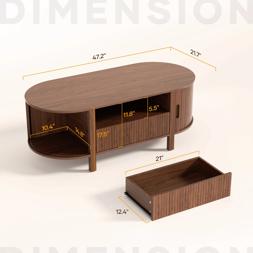 MARNUR Coffee Table with Storage, Tambour Sliding Door, Open Shelf, Mid Century Modern Center Table with Drawer for Living Room, Walnut