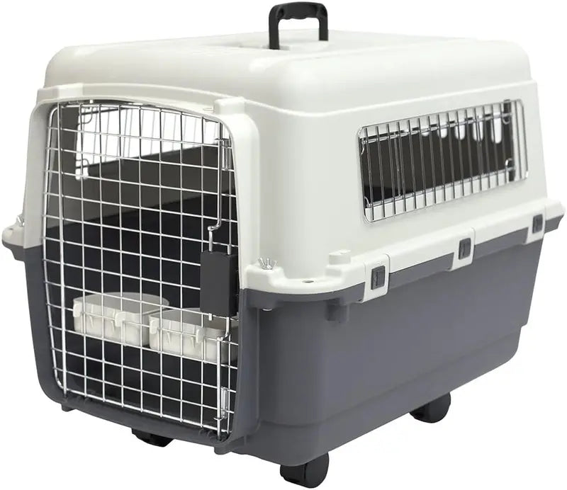 SportPet Designs Rolling Travel Dog Crate â€?Airline-Approved Plastic Kennel with Wire Door, XXX-Large Size, Gray