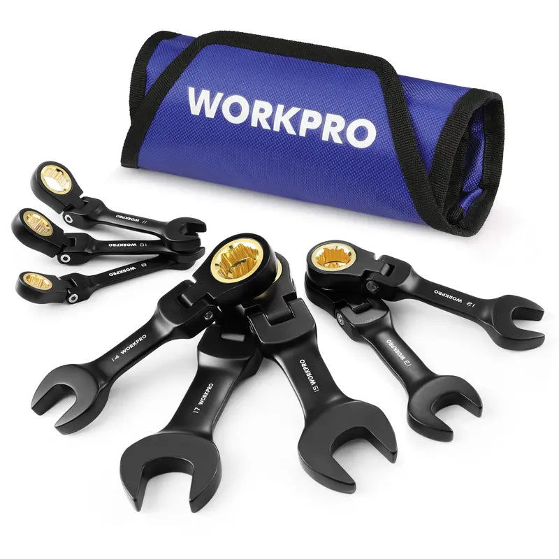WORKPRO 8-Piece Flex-Head Stubby Wrench Set â€?Anti-Slip Design with Compact Rolling Pouch