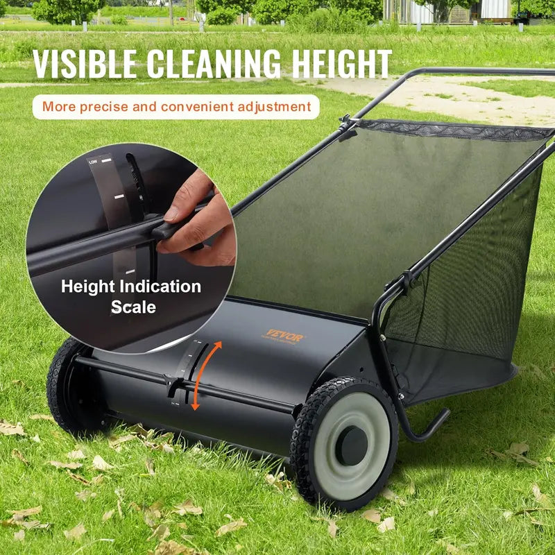 VEVOR 26â€?Lawn Sweeper with 7 ft³ Bag, Adjustable Height, Durable Frame, 4 Spinning Brushes