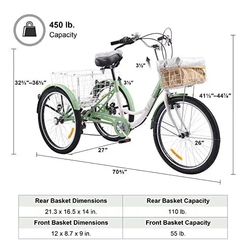 Viribus 7-Speed Adult Tricycle â€?24â€?Three-Wheeled Cruiser with Front Basket, Rear Rack, and Comfort Frame