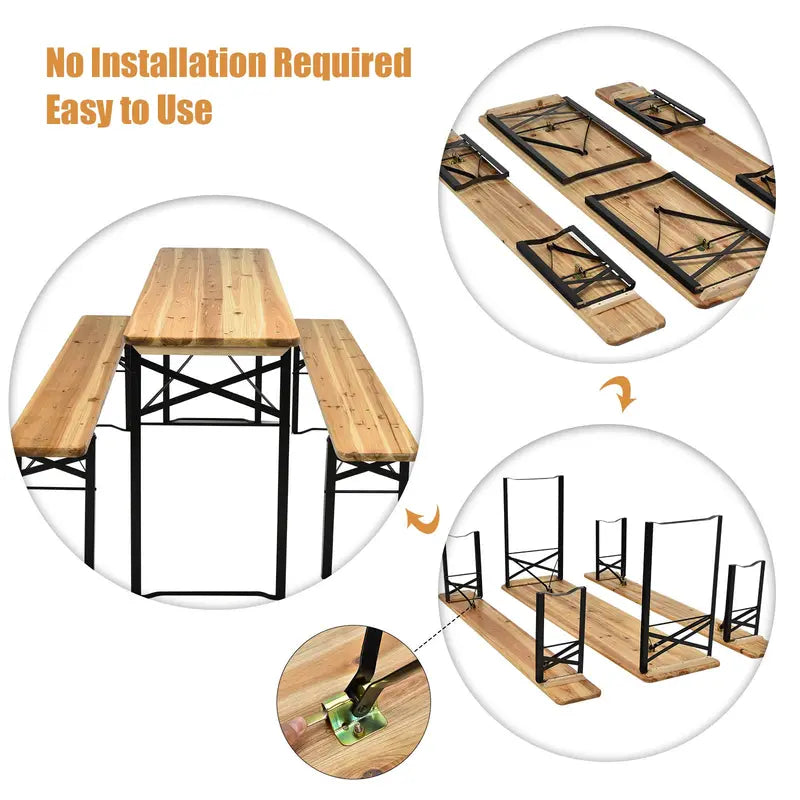 Three-Piece Folding Picnic Table and Bench Set with Wooden Top (70â€?Total)
