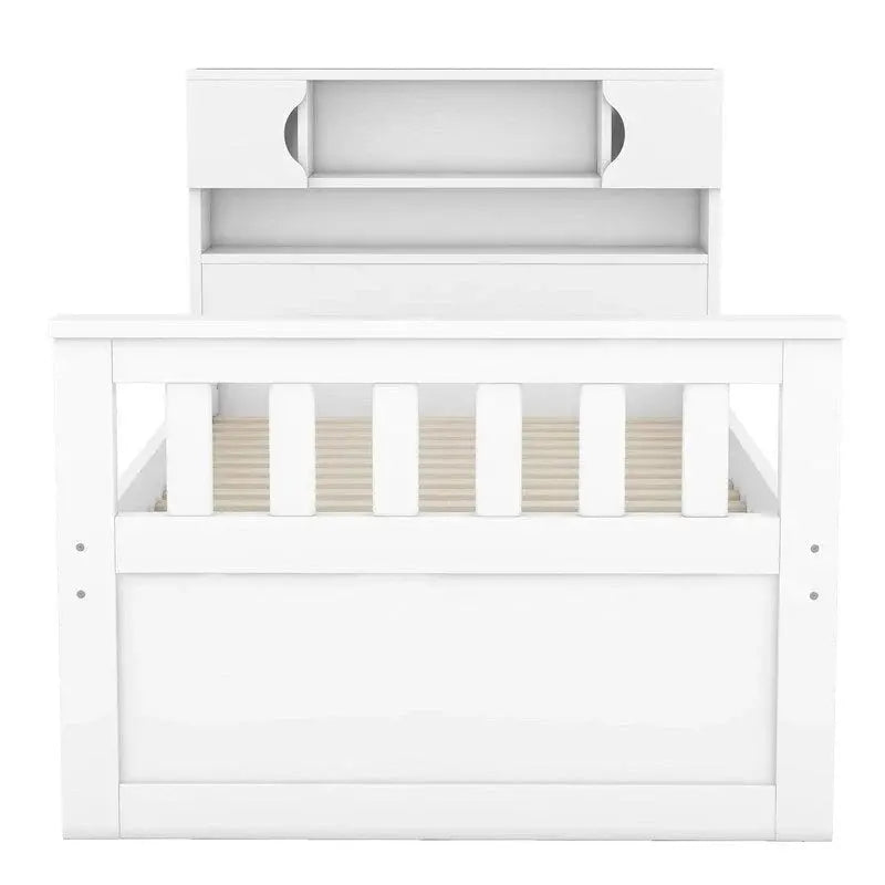 Twin/Full Captain Platform Bed â€?Solid Wood Frame with Integrated Storage: Four Drawers + Bookcase-Style Headboard with Shelves