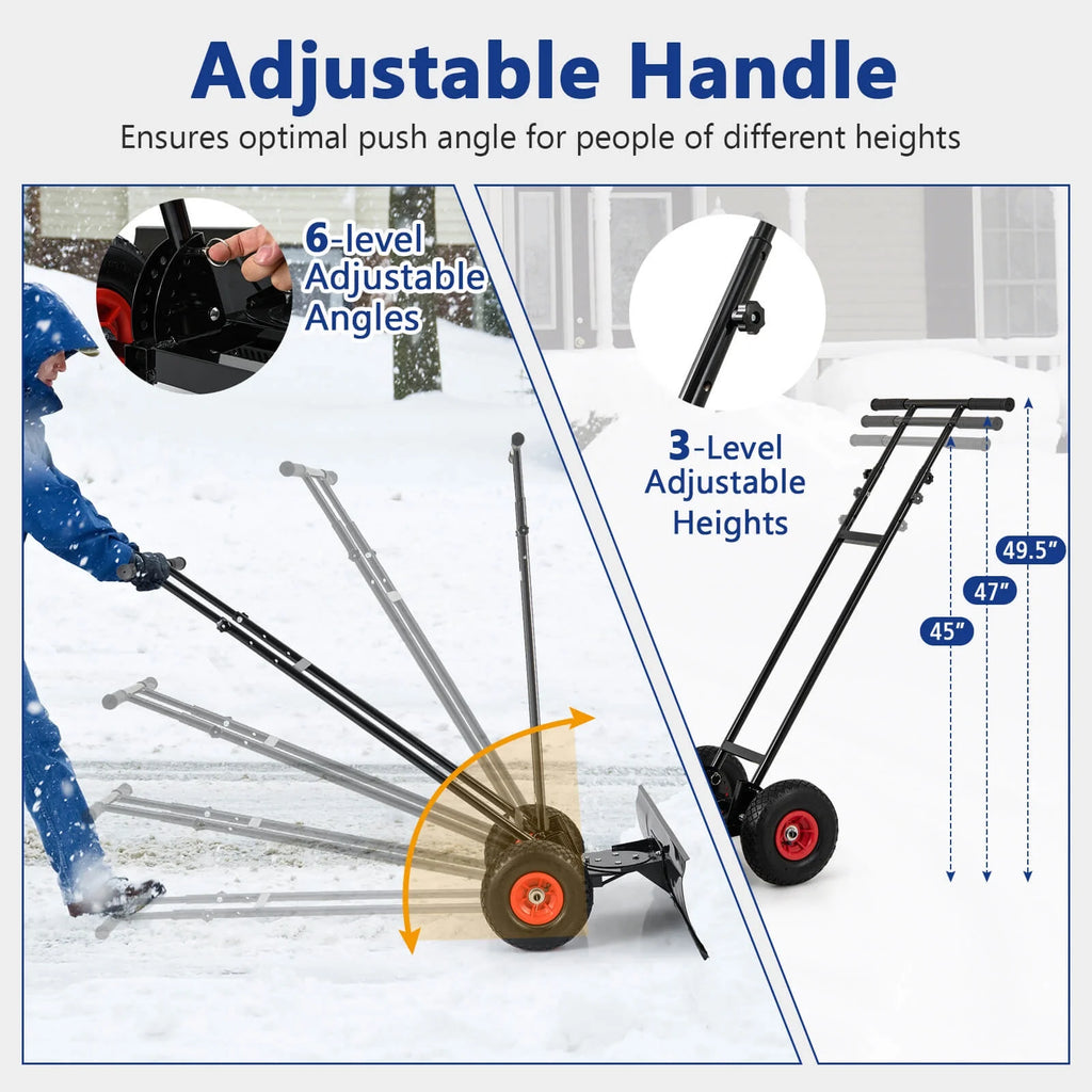 Costway 36" Snow Shovel Pusher with 10" Inflatable Wheels Adjustable Handle & Head Black