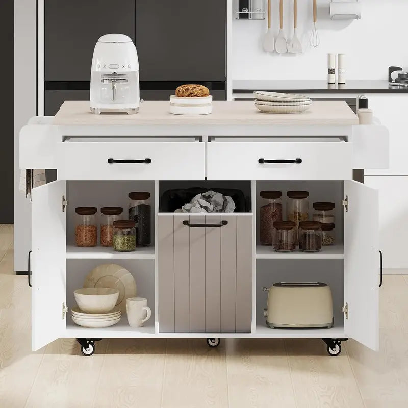 White Rotating Kitchen Island Cart â€?Foldable-Leg Trolley with Trash Bin, Towel Bar, Drawers, and Internal Shelves