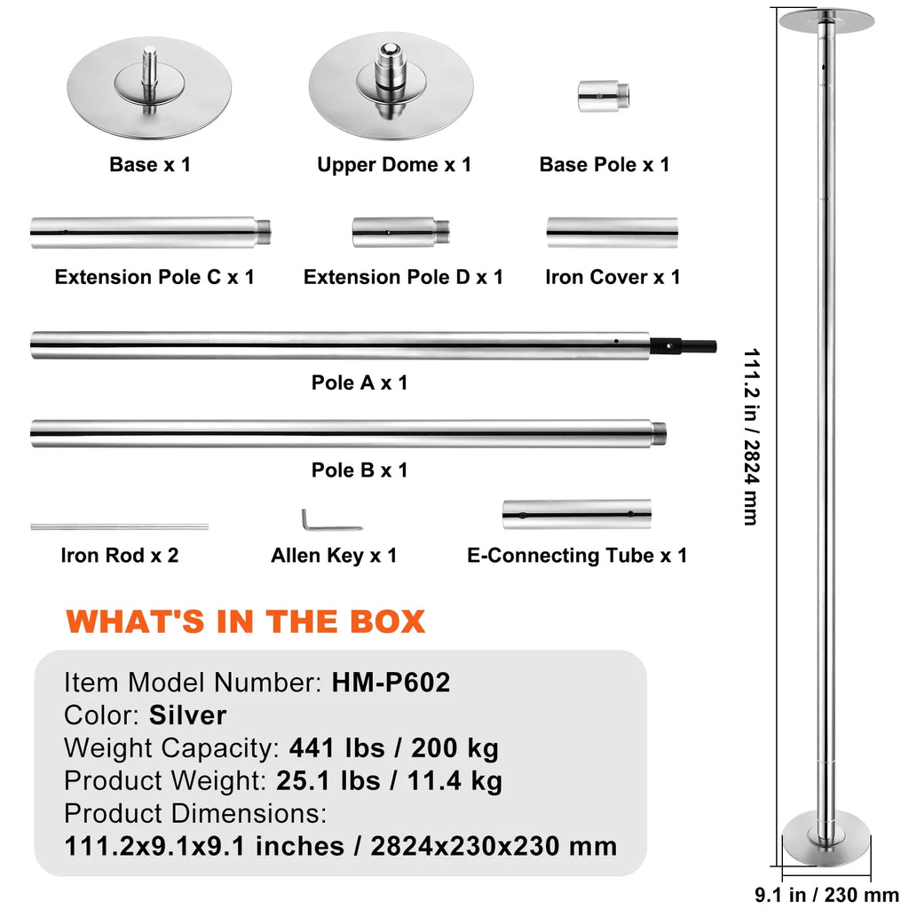 KFFKFF Expert Dance Pole, Rotating and Stationary Dance Pole Set, Detachable Portable Pole, 45mm Robust Stainless Steel Pole, Fitness Pole with Adjustable Height, Suitable for Workout Home, Silver