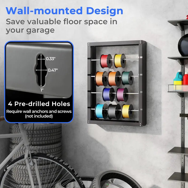Wall-Mounted Wire Spool Rack â€?Four-Rod Cable & Ribbon Organizer with Dispensing Design