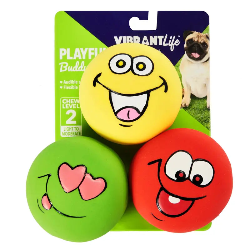 Vibrant Life Playful Buddy Emoticon Dog Chew Toy, Chew Level 2, 3 Count