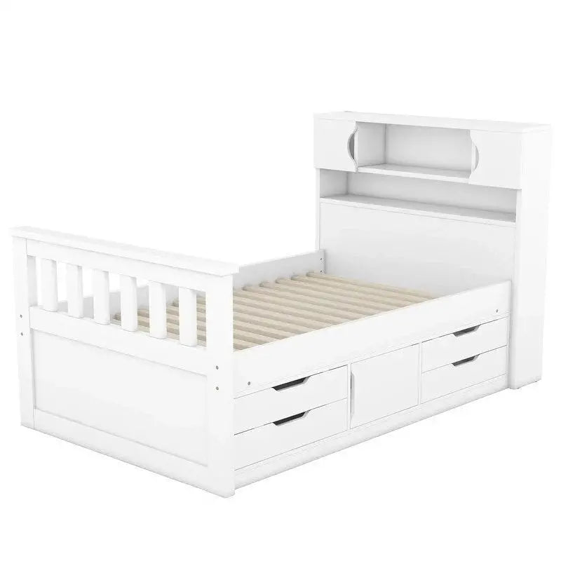 Twin/Full Captain Platform Bed â€?Solid Wood Frame with Integrated Storage: Four Drawers + Bookcase-Style Headboard with Shelves