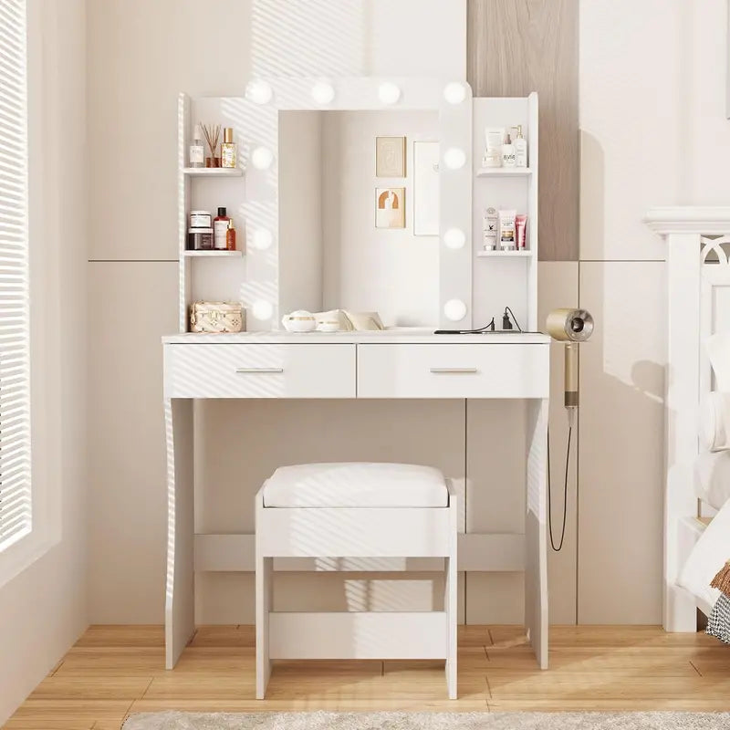 Vabches Power-Enabled Vanity Desk Set â€?Lighted Mirror, Built-in Surge Protector, and Dressing Table Combo