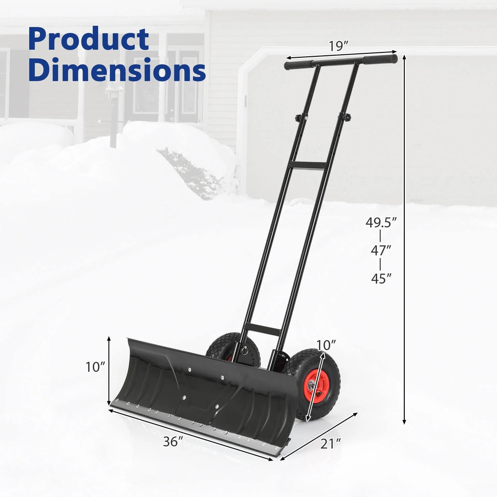 Costway 36" Snow Shovel Pusher with 10" Inflatable Wheels Adjustable Handle & Head Black