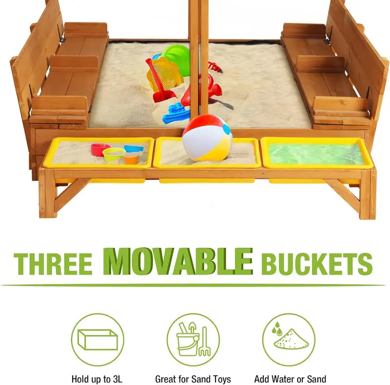 Wooden Outdoor Sandbox with Retractable Canopy â€?47â€?x 47â€?Sandpit Featuring Two Foldable Benches & Protective Liner