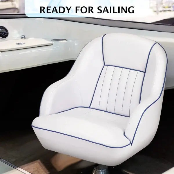 White & Blue Captains Bucket Pontoon Boat Seat â€?Fold-Back Backrest, Marine-Grade Cabin Seating