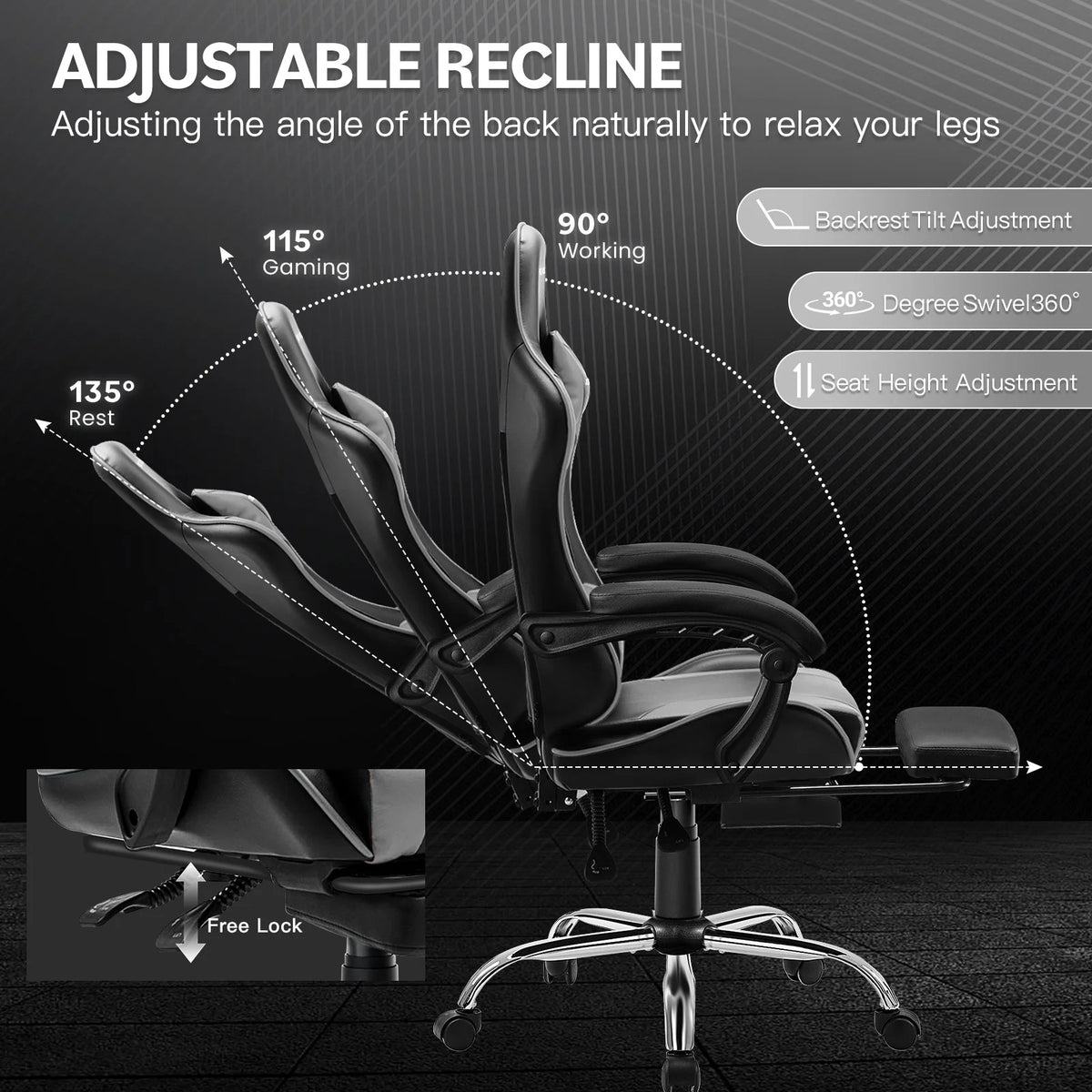 JONPONY Big and Tall Gaming Chair, Ergonomic Design, Gamer Chair PU Leather with Footrest and Lumbar Support, High Back Office Chair Support 8 Hours Long Sitting, Computer Chair, Black Grey