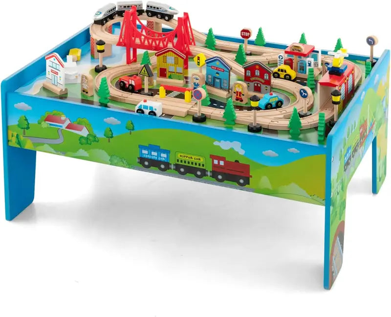 Wooden Dual-Activity Kids' Table with Flip-Up Top & Built-In Storage â€?100-Piece Train Set Featuring Tracks, Cars, and Accessories for Ages 3+
