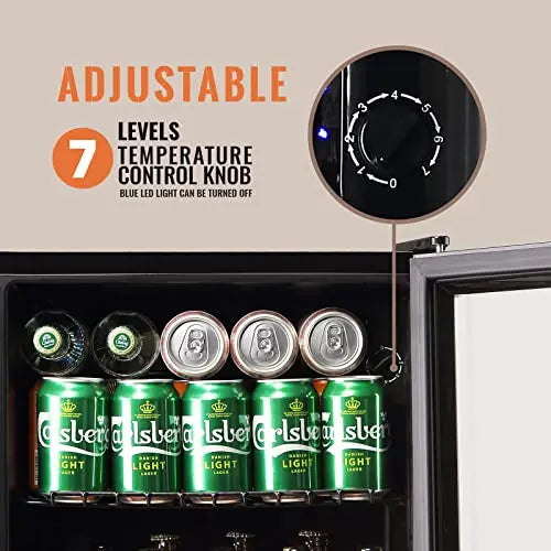 WANAI Beverage Cooler Refrigerator, Energy-Efficient, Black Stainless Steel, Blue LED, Adjustable Temp, for Home & Bar