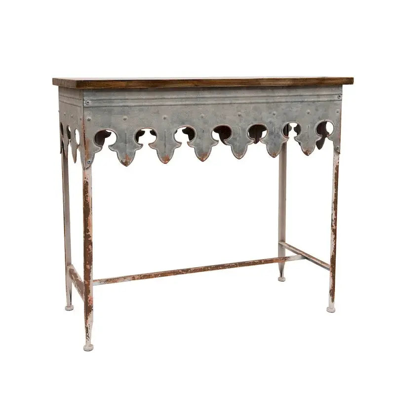 Zinc-Finished Scalloped Edge Sofa Table â€?Wood-and-Metal Accent Piece