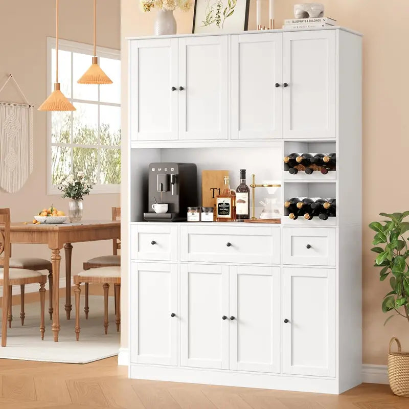 White 72-Inch Tall Kitchen Pantry â€?Integrated Wine Rack & Microwave Stand with Ample Storage