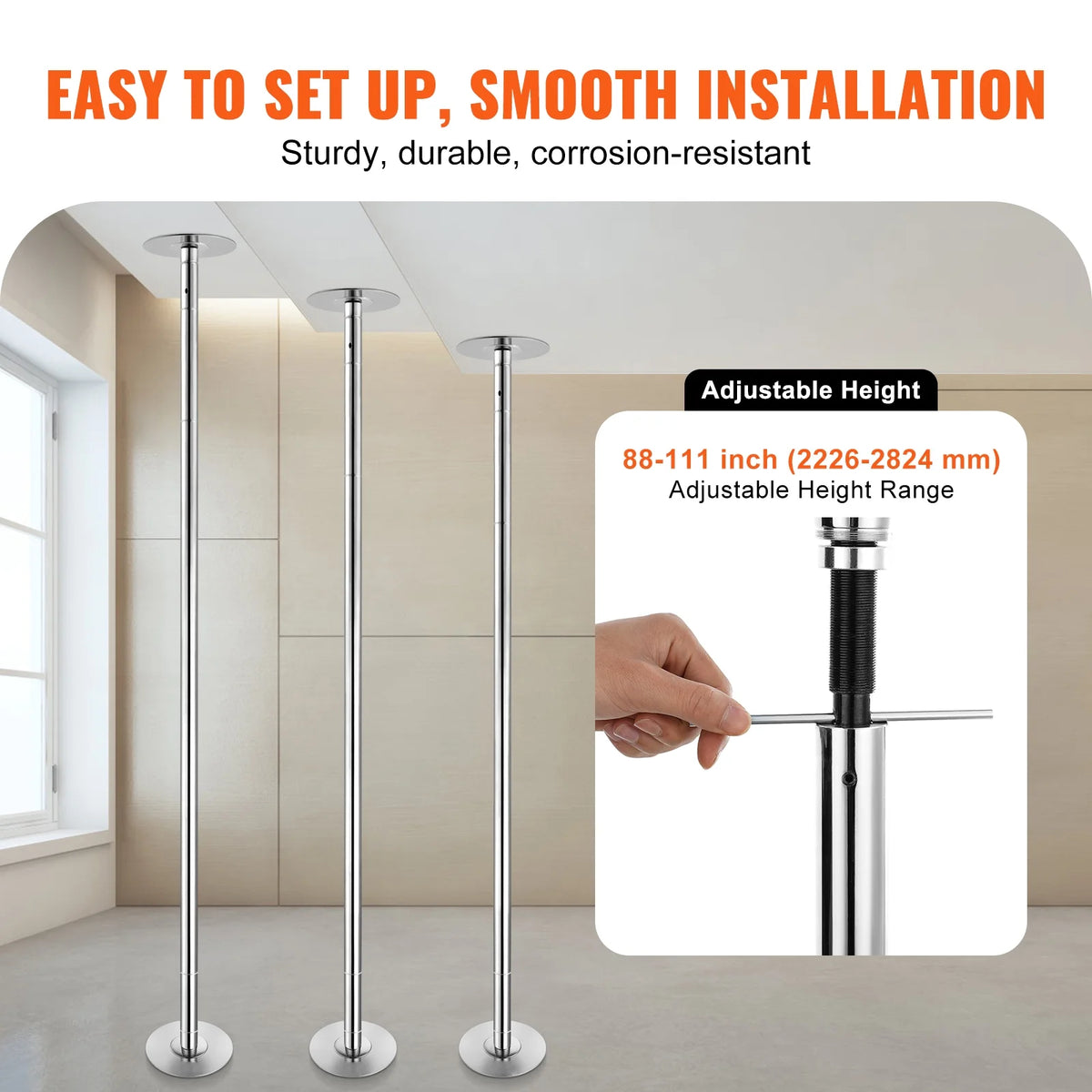KFFKFF Expert Dance Pole, Rotating and Stationary Dance Pole Set, Detachable Portable Pole, 45mm Robust Stainless Steel Pole, Fitness Pole with Adjustable Height, Suitable for Workout Home, Silver