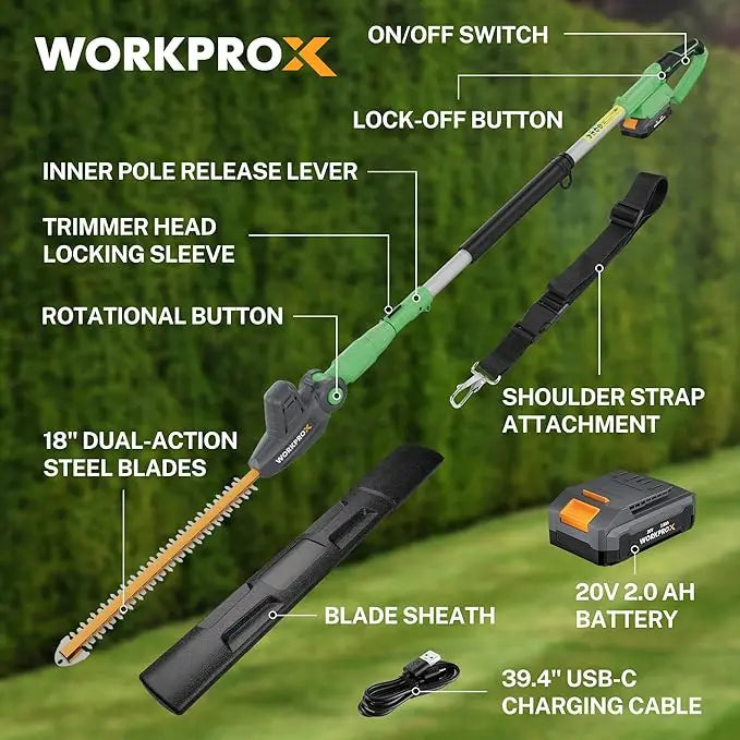 WORKPROX 20V Extendable Pole Hedge Trimmer â€?9.2-Foot Reach with 11-Position Rotating Head