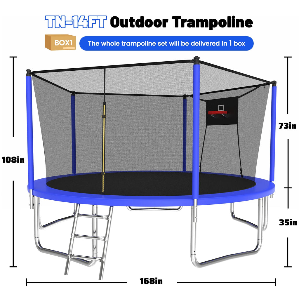 14ft Trampoline with Basketball Hoop, Outdoor Trampoline with with Enclosure Net, Blue