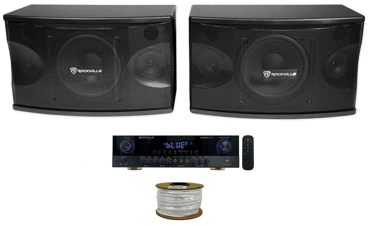 2) Rockville KPS80 8" Karaoke Vocal Speakers+Singmix 5 Bluetooth Amplifier Mixer + Rockville R14GSBR100 Red/Blk 14 Gauge 100' Ft. Mini Spool Car Audio Speaker Wire