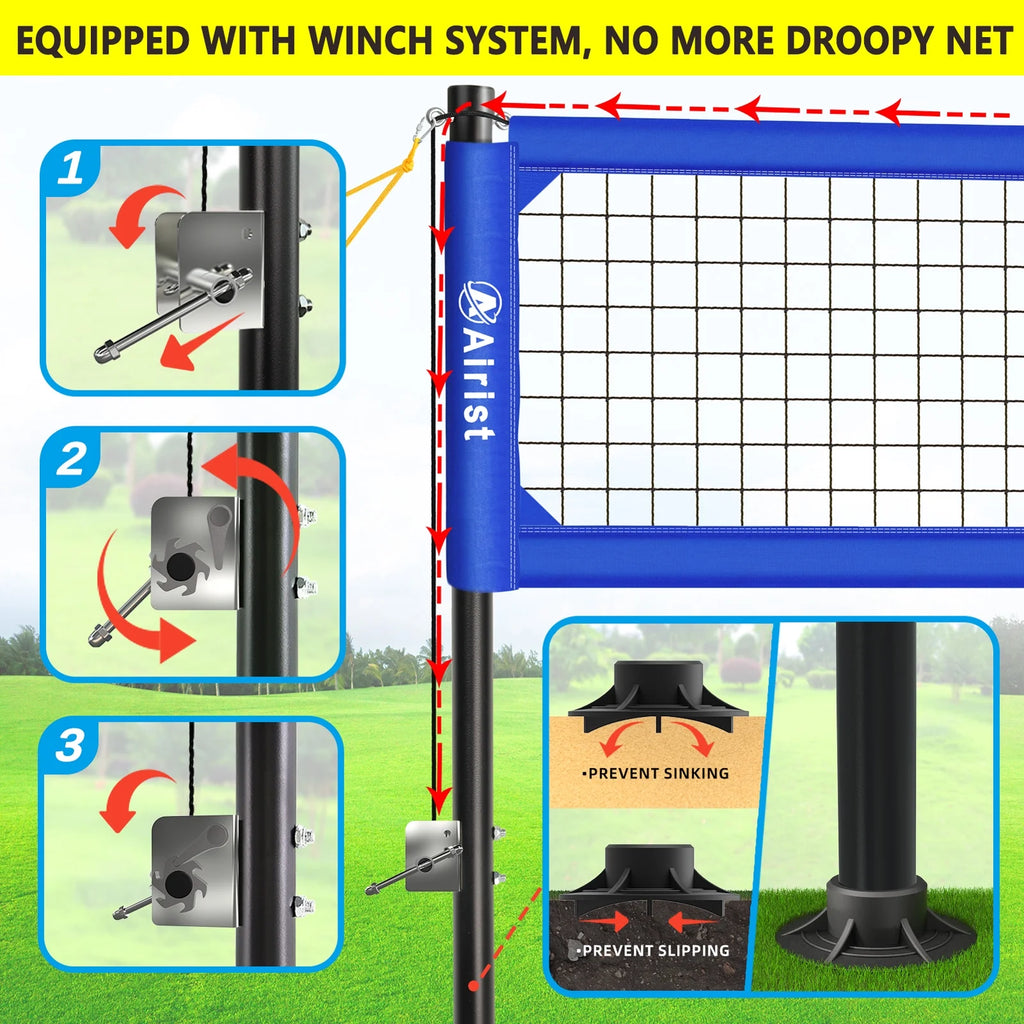Airist Heavy Duty Volleyball Net Outdoor with Steel Anti - Sag System, Adjustable Aluminum Poles, Professional Volleyball Nets Set for Backyard and Beach, Volleyball and Carrying Bag (Blue)