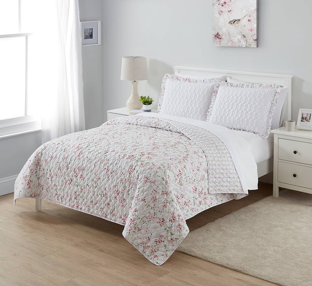 Simply Shabby Chic Reversible Cherry Blossom Floral 3-Piece Quilt Set, Full/Queen
