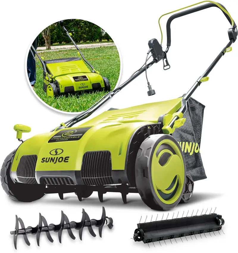 Sun Joe 15â€?13-Amp Electric Dethatcher & Scarifier with AirBoost Tech, 5-Pos Height, 13.2-Gal Bag, Green
