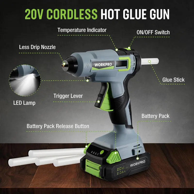 WORKPRO 20V Cordless Hot Glue Gun Kit â€?Includes 12 Glue Sticks & 2.0Ah Lithium-Ion Battery