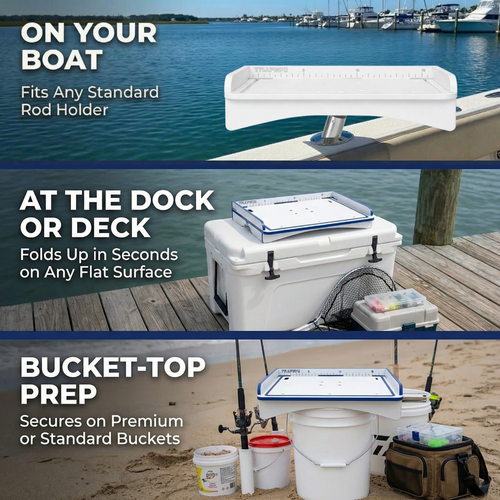 Premium Rod Mount 18" or 33" Raised Fillet Table â€?3-in-1 Bait & Fish Station | Fits Rod Holders, Buckets & Flat Surfaces | Marine-Grade HDPE | Ruler, Juice Groove, Knife & Tool Slots