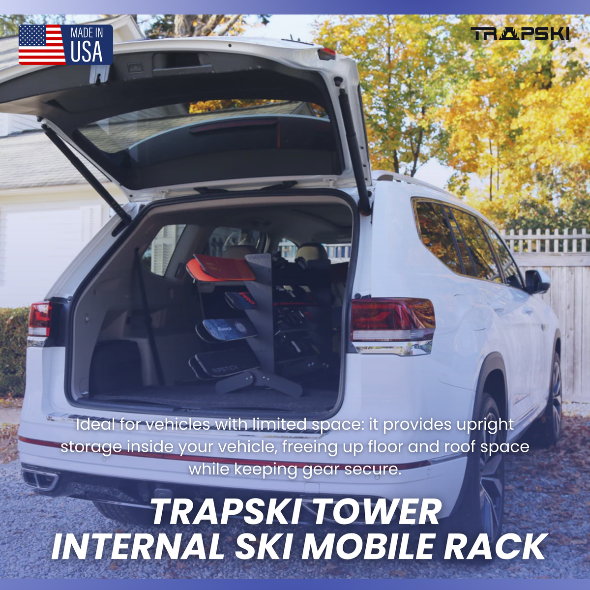 TRAPSKI Tower with Security Strap | Ski Mobile Rack | Inside SUVs, Vans, Crossovers & Hatchbacks