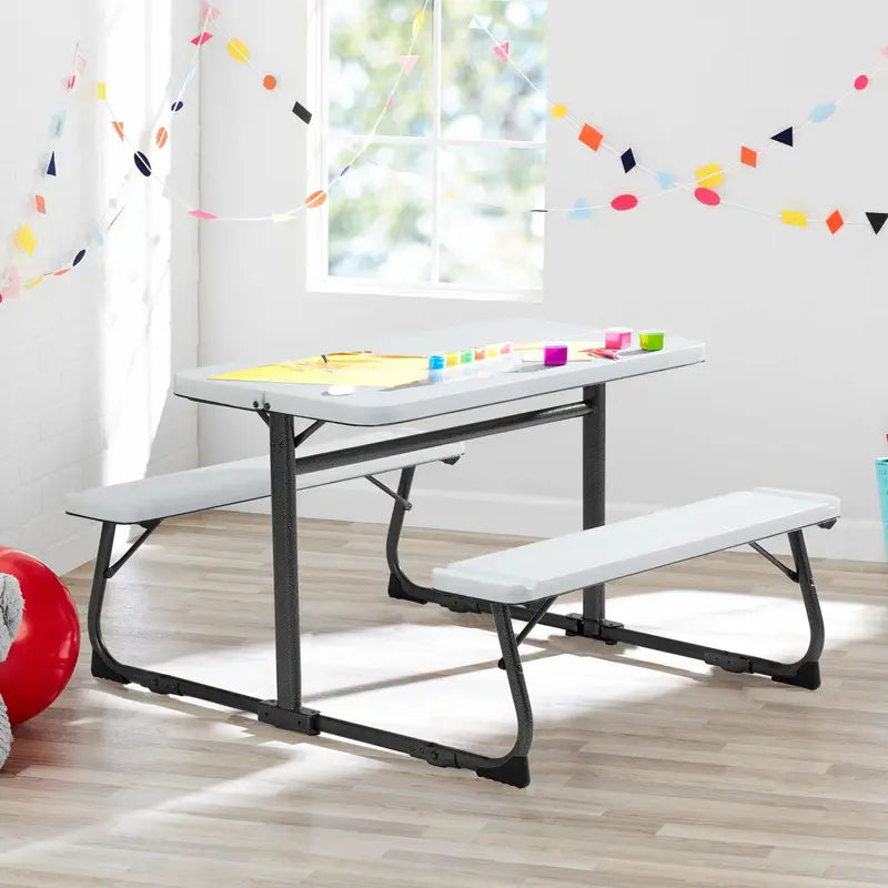 Your Zone Kids Folding Activity Table Set â€?White Table with Benches, Easy-Store Design for Ages 3â€?