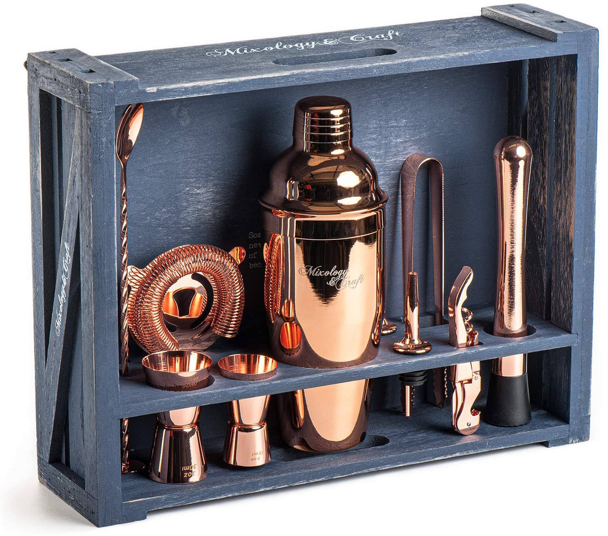 Mixology & Craft Cocktail Shaker Set - 11-Piece Cocktail Making Set w/ Shaker & Rustic Wooden Stand - Bartender Kit and Cocktail Mixer Gift Set Copper