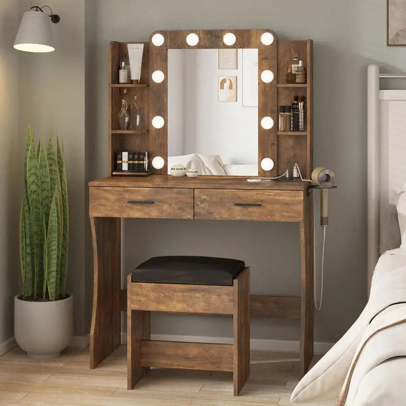 Vabches Power-Enabled Vanity Desk Set â€?Lighted Mirror, Built-in Surge Protector, and Dressing Table Combo