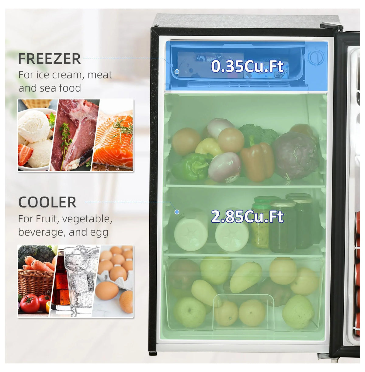 Mini Fridge with Freezer, 3.2 Cu.ft Compact Refrigerator for Bedroom, Dorm, Apartment - Adjustable Thermostat, Reversible Door, Black